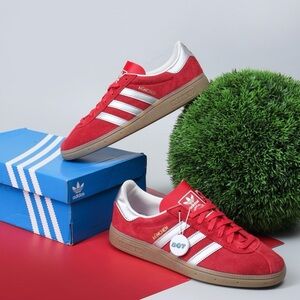 Adidas red scarlet silver gum sneakers